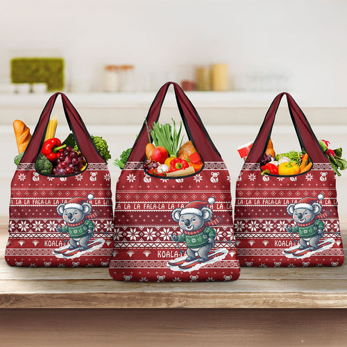 Australia Christmas In July Grocery Bag Koala Santa Skiing Red Color