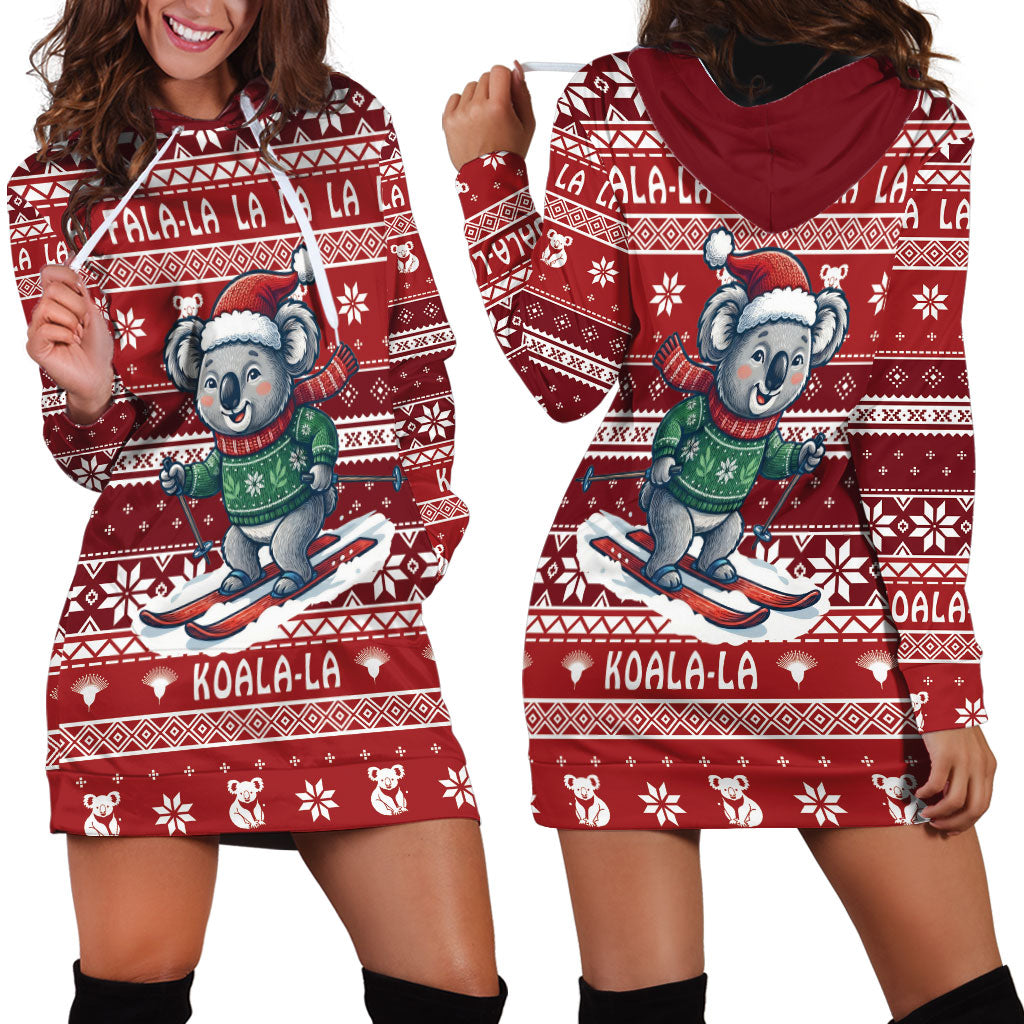 Australia Christmas In July Hoodie Dress Koala Santa Skiing Red Color