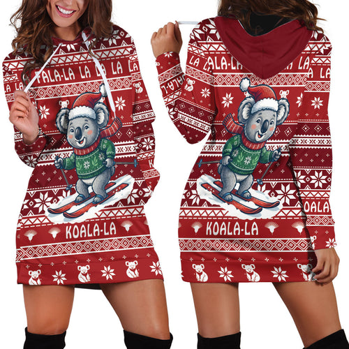 Australia Christmas In July Hoodie Dress Koala Santa Skiing Red Color