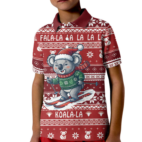 Australia Christmas In July Kid Polo Shirt Koala Santa Skiing Red Color