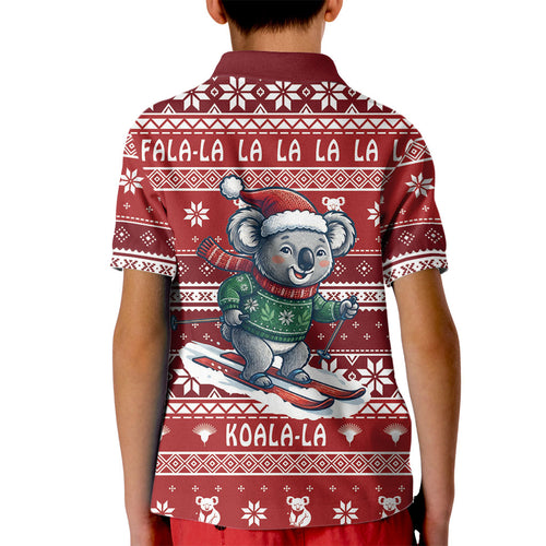 Australia Christmas In July Kid Polo Shirt Koala Santa Skiing Red Color