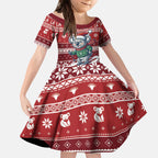 Australia Christmas In July Kid Short Sleeve Dress Koala Santa Skiing Red Color