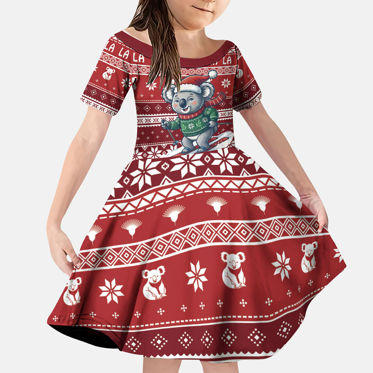 Australia Christmas In July Kid Short Sleeve Dress Koala Santa Skiing Red Color