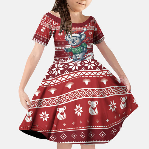 Australia Christmas In July Kid Short Sleeve Dress Koala Santa Skiing Red Color