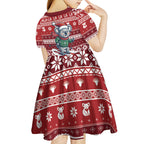 Australia Christmas In July Kid Short Sleeve Dress Koala Santa Skiing Red Color