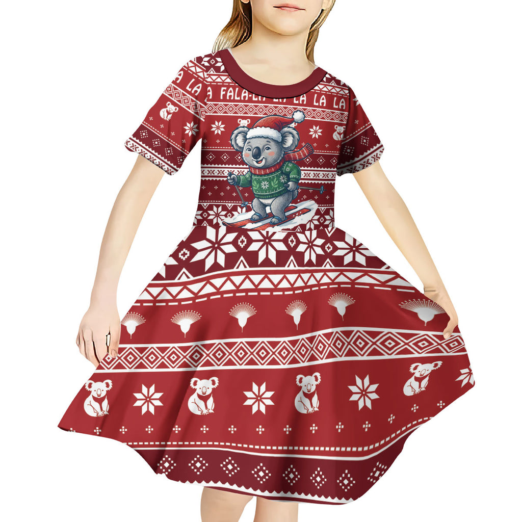 Australia Christmas In July Kid Short Sleeve Dress Koala Santa Skiing Red Color