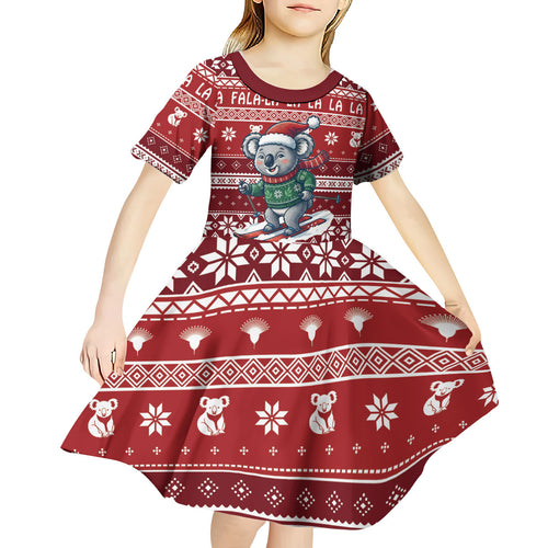 Australia Christmas In July Kid Short Sleeve Dress Koala Santa Skiing Red Color