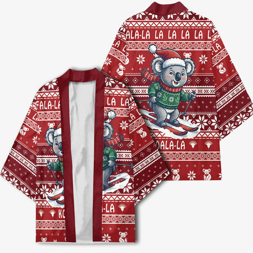 Australia Christmas In July Kimono Koala Santa Skiing Red Color