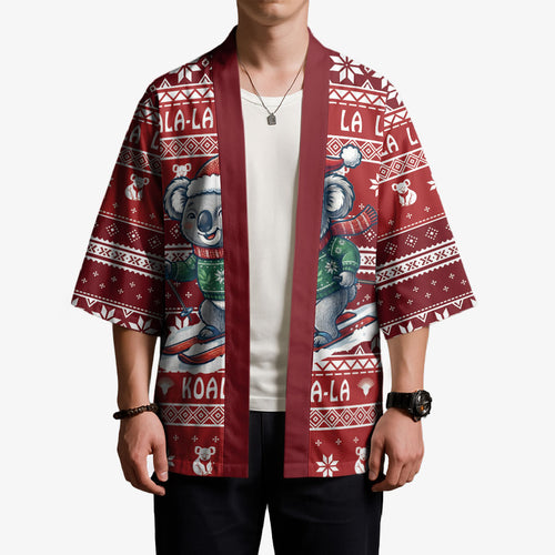 Australia Christmas In July Kimono Koala Santa Skiing Red Color
