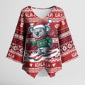 Australia Christmas In July Kimono Sleeve Blouse Koala Santa Skiing Red Color