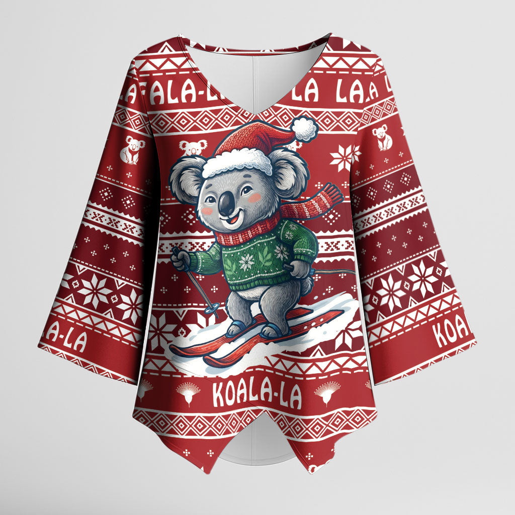 Australia Christmas In July Kimono Sleeve Blouse Koala Santa Skiing Red Color