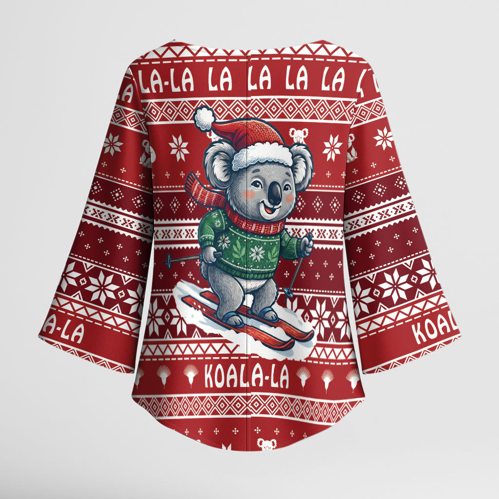 Australia Christmas In July Kimono Sleeve Blouse Koala Santa Skiing Red Color