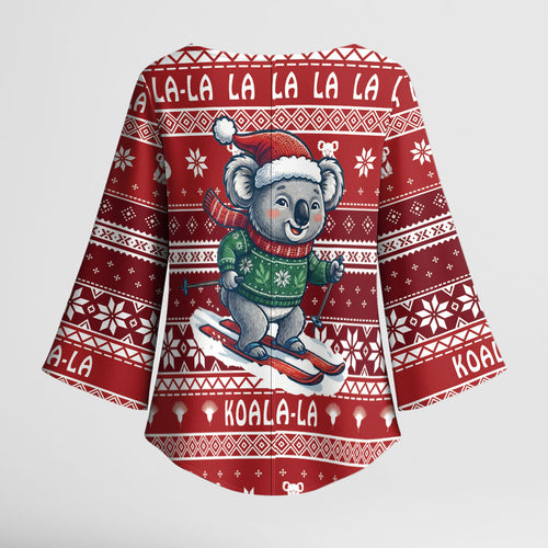 Australia Christmas In July Kimono Sleeve Blouse Koala Santa Skiing Red Color