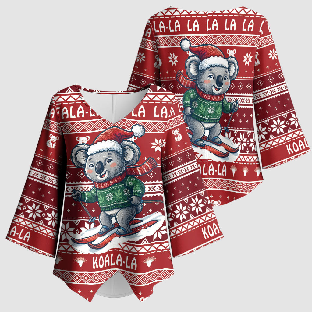 Australia Christmas In July Kimono Sleeve Blouse Koala Santa Skiing Red Color