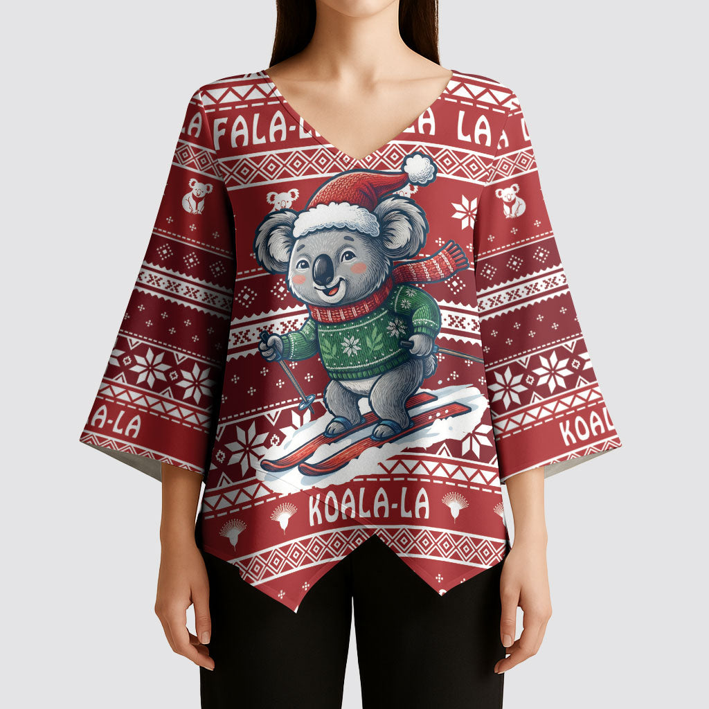 Australia Christmas In July Kimono Sleeve Blouse Koala Santa Skiing Red Color