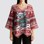 Australia Christmas In July Kimono Sleeve Blouse Koala Santa Skiing Red Color