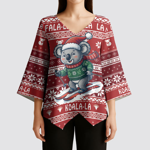 Australia Christmas In July Kimono Sleeve Blouse Koala Santa Skiing Red Color
