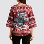 Australia Christmas In July Kimono Sleeve Blouse Koala Santa Skiing Red Color
