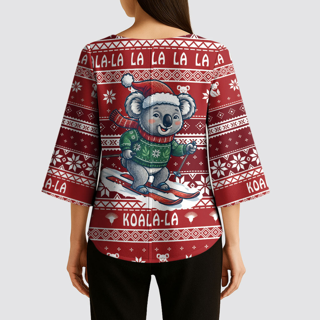 Australia Christmas In July Kimono Sleeve Blouse Koala Santa Skiing Red Color