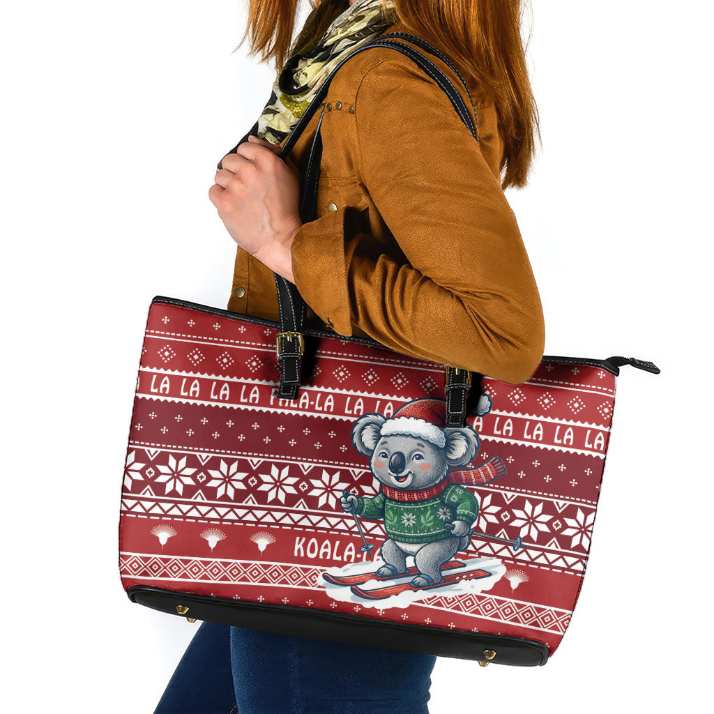 Australia Christmas In July Leather Tote Bag Koala Santa Skiing Red Color