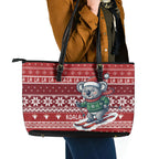 Australia Christmas In July Leather Tote Bag Koala Santa Skiing Red Color