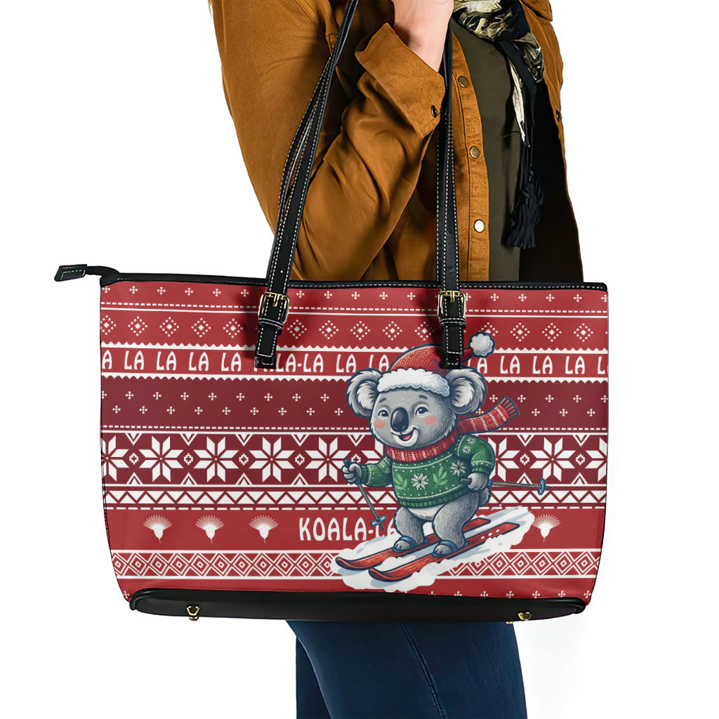 Australia Christmas In July Leather Tote Bag Koala Santa Skiing Red Color