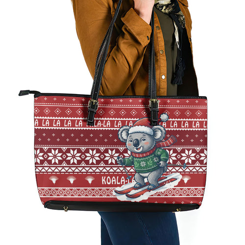 Australia Christmas In July Leather Tote Bag Koala Santa Skiing Red Color