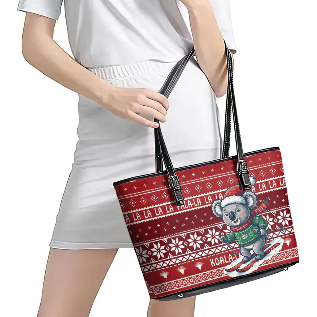 Australia Christmas In July Leather Tote Bag Koala Santa Skiing Red Color