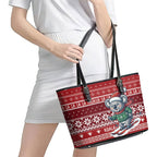 Australia Christmas In July Leather Tote Bag Koala Santa Skiing Red Color