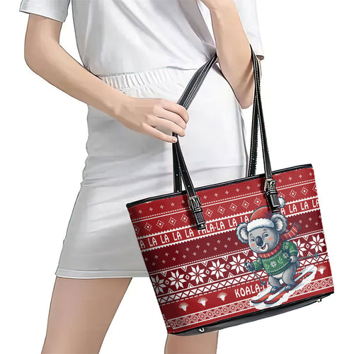 Australia Christmas In July Leather Tote Bag Koala Santa Skiing Red Color