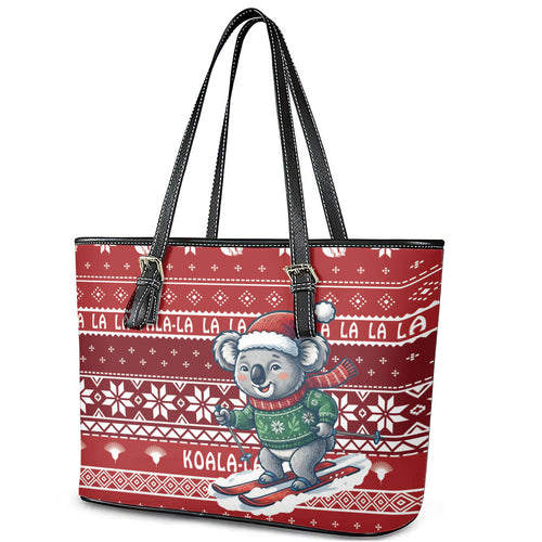 Australia Christmas In July Leather Tote Bag Koala Santa Skiing Red Color