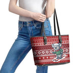 Australia Christmas In July Leather Tote Bag Koala Santa Skiing Red Color