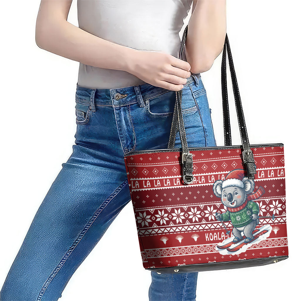 Australia Christmas In July Leather Tote Bag Koala Santa Skiing Red Color