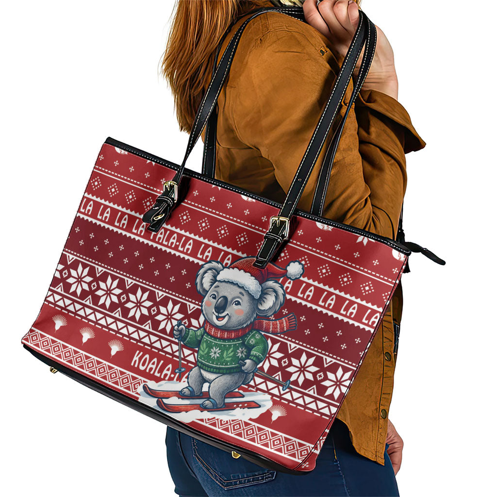 Australia Christmas In July Leather Tote Bag Koala Santa Skiing Red Color