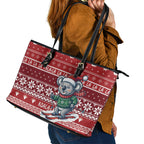 Australia Christmas In July Leather Tote Bag Koala Santa Skiing Red Color