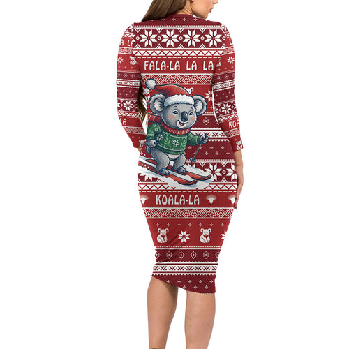 Australia Christmas In July Long Sleeve Bodycon Dress Koala Santa Skiing Red Color