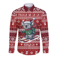 Australia Christmas In July Long Sleeve Button Shirt Koala Santa Skiing Red Color