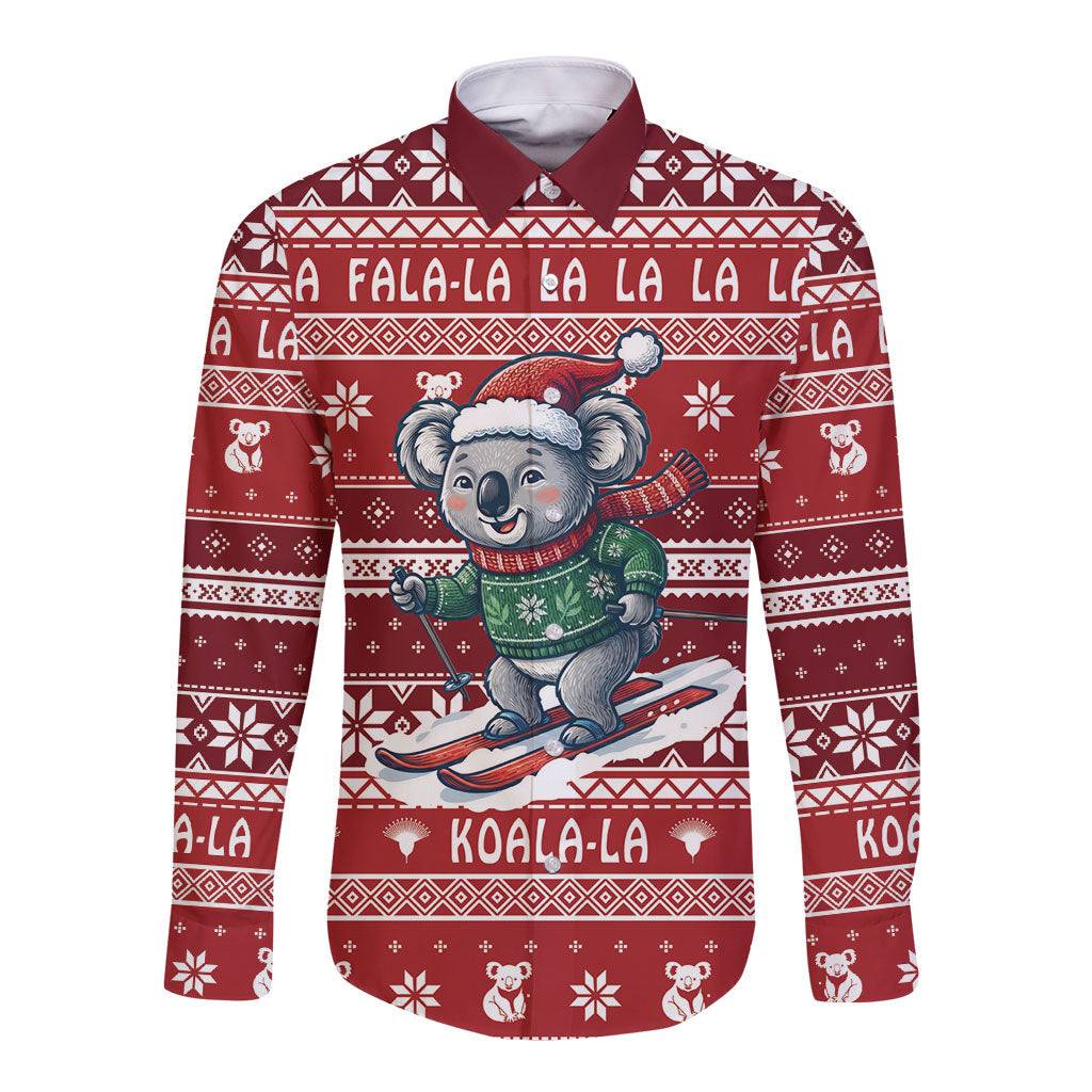Australia Christmas In July Long Sleeve Button Shirt Koala Santa Skiing Red Color