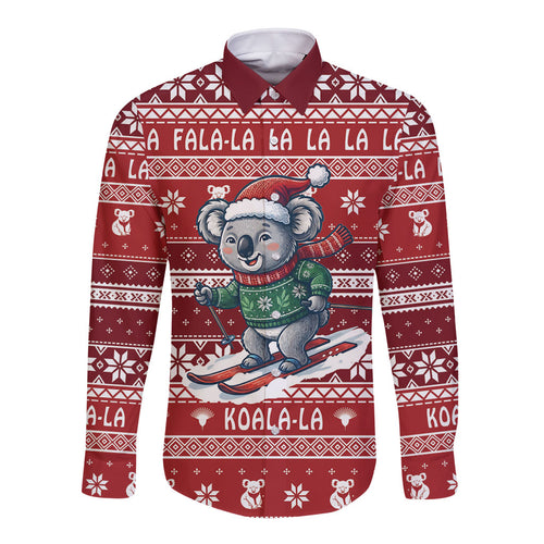 Australia Christmas In July Long Sleeve Button Shirt Koala Santa Skiing Red Color