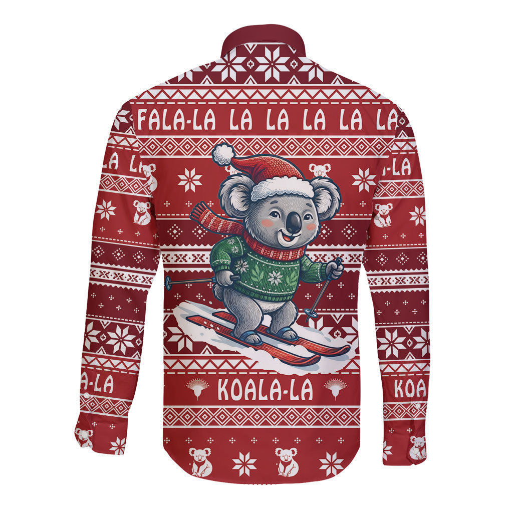 Australia Christmas In July Long Sleeve Button Shirt Koala Santa Skiing Red Color