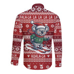 Australia Christmas In July Long Sleeve Button Shirt Koala Santa Skiing Red Color