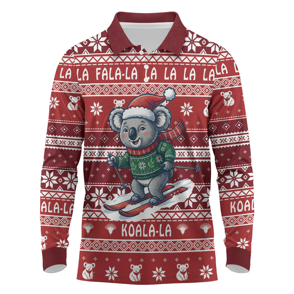 Australia Christmas In July Long Sleeve Polo Shirt Koala Santa Skiing Red Color