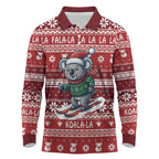 Australia Christmas In July Long Sleeve Polo Shirt Koala Santa Skiing Red Color