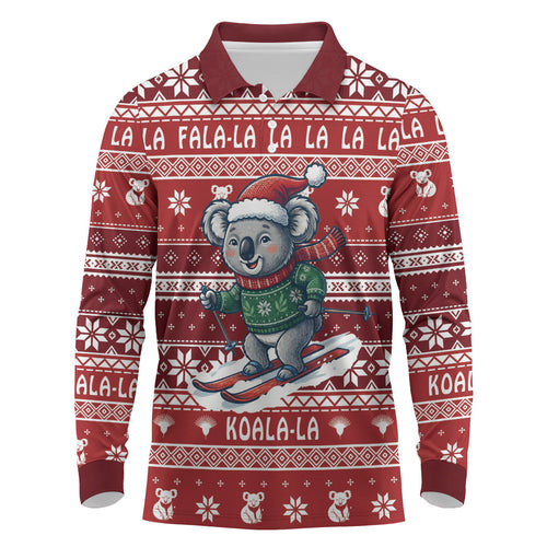 Australia Christmas In July Long Sleeve Polo Shirt Koala Santa Skiing Red Color