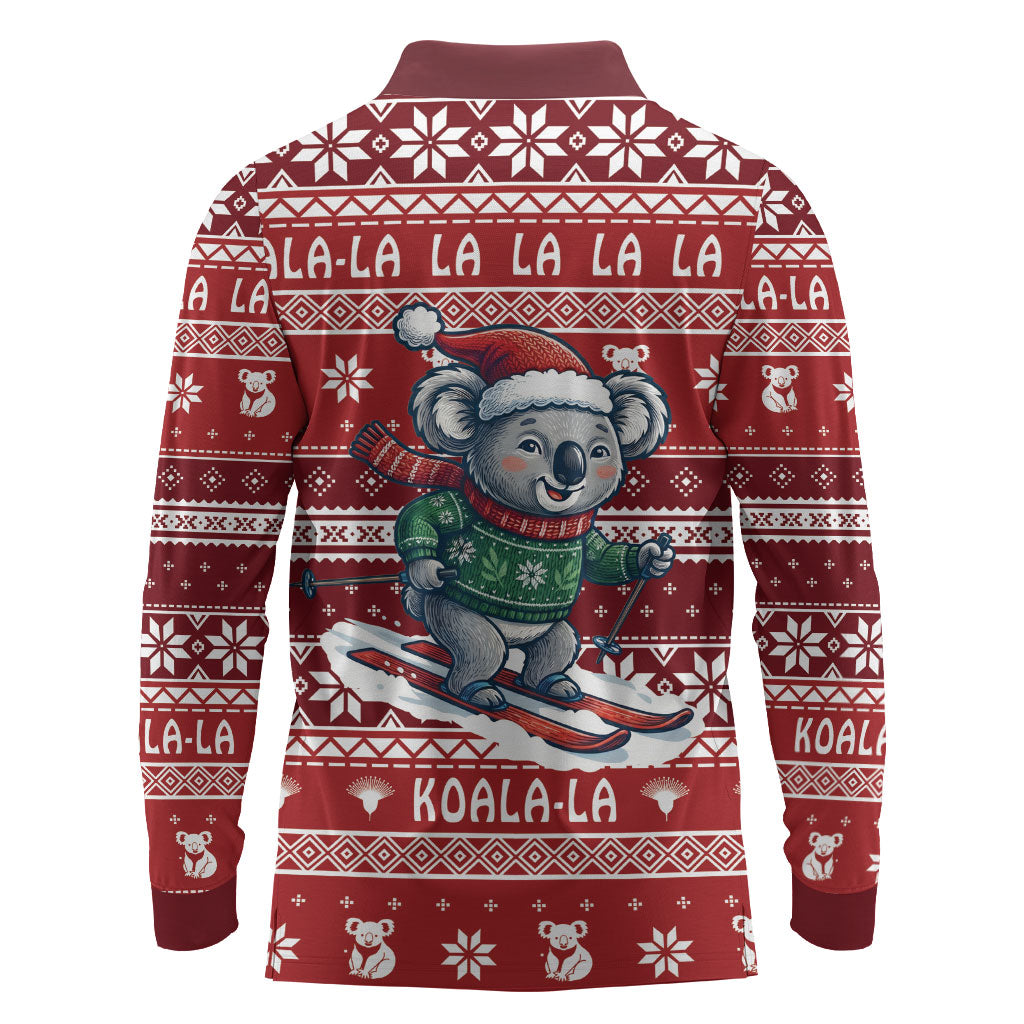 Australia Christmas In July Long Sleeve Polo Shirt Koala Santa Skiing Red Color