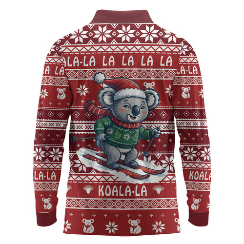 Australia Christmas In July Long Sleeve Polo Shirt Koala Santa Skiing Red Color