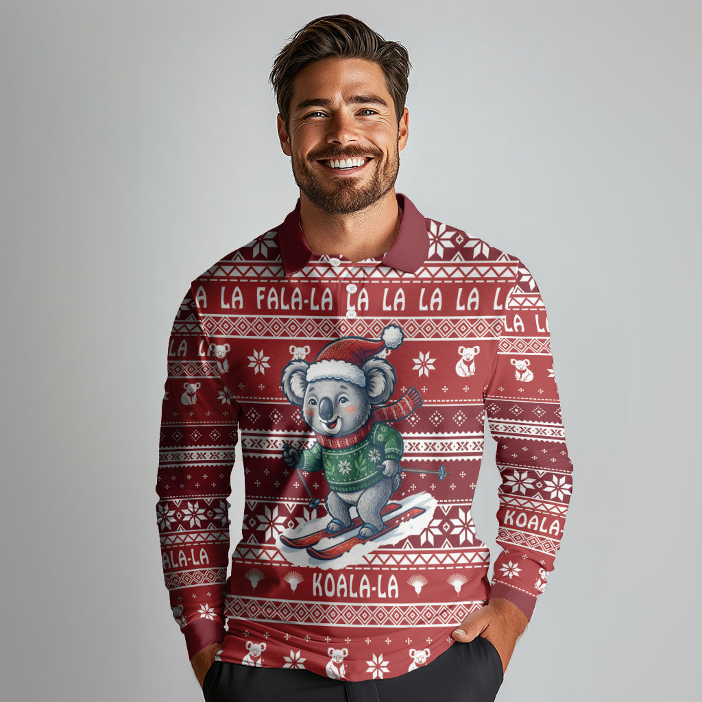 Australia Christmas In July Long Sleeve Polo Shirt Koala Santa Skiing Red Color