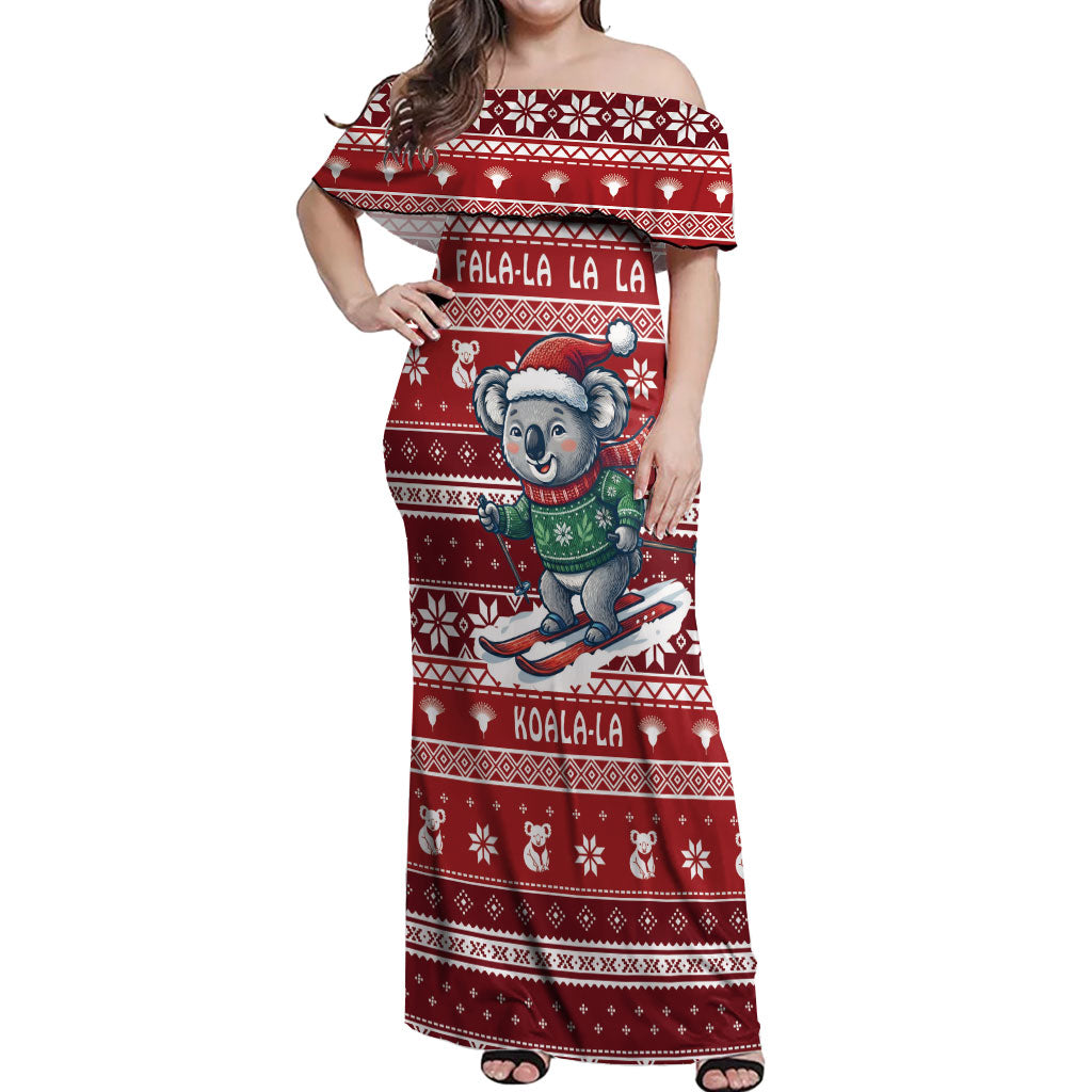 Australia Christmas In July Off Shoulder Maxi Dress Koala Santa Skiing Red Color