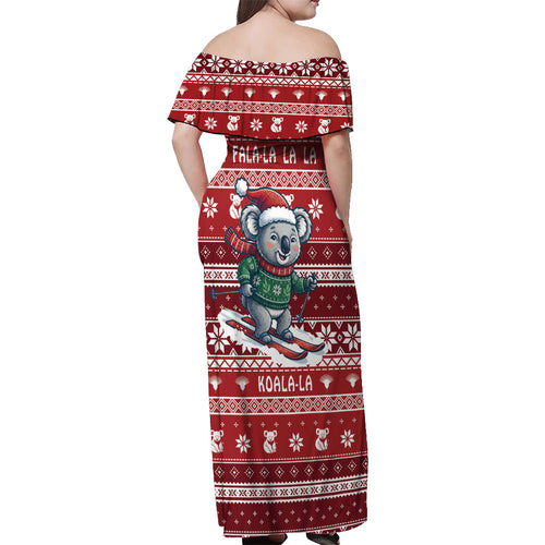 Australia Christmas In July Off Shoulder Maxi Dress Koala Santa Skiing Red Color