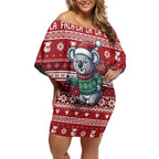 Australia Christmas In July Off Shoulder Short Dress Koala Santa Skiing Red Color